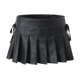 PU Leather Pleated Mini Skirt With Shorts lining Sexy Metal eyelets Cross Bandage Low Waist Short Skater Coffee Black-Outfit
