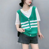 Fake Two Pieces Knitted Patchwork Pullovers Striped Summer Casual Button Female Clothing Streetwear Korean Loose T-shirt-Outfit
