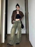 women retro washed work jeans American street fashion brand Y2k straight loose wide leg jeans-Outfit