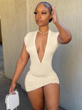 Sexy V-neck Short Sleeves Solid Knitted Mini Sheath Club