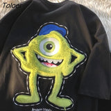 Korean Super Cute Monster Embroidery Cartoon T Shirts Kawaii Teens Oversized Black White Punk Goth Tops Summer Large
