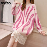 Aproms Elegant Green Striped Print Oversized Pullovers Women Winter O-Neck Loose Long Sweaters Streetwear Warm Outerwear