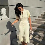 Elegant Knitted Dress Round Collar Single Buckle Horn Sleeve Fishtail Dress Medium Long