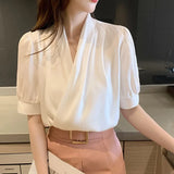 Fashion V-neck Blouse Women 2021 Short Sleeve Tops Office Lady Blouse Female New Chiffon Blouses Clothes Blusas