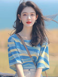 Toloer Korean Chic Oceanous Special To Beautiful Blouse Loose And Thin Blue Striped