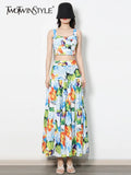 TWOTWINSTYLE Print Two Piece Set Womens Square Collar Sleeveless Tops High Waist Midi Skirts Colorblock Sets Female Clothing