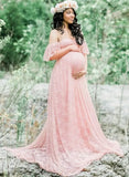 Elegant Lace Off Shoulder Mesh Maternity Long Dress 703-0-Outfit