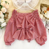 Plaid V Neck Blouses 2022 Fashion Korean Off Shoulder Bandage Blouse Cute Feminine Elegant Puff Sleeve Ruffle Top