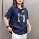 Peter Pan Collar Blouse Casual Loose Female Clothing Stylish Printed Patchwork Button 2023 Summer New Short Sleeve