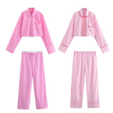 New Rolled-Edged Poplin Shirt Rolling-Edged Pajamas Style Pants Set-Outfit