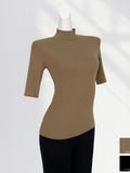 Toloer High Temperament Style Half High Collar Sleeve Bottom Shirt Female Five Sleeve Black With Short Sleeve Slim