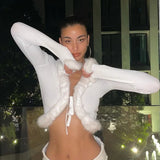 SUCHCUTE 2023 Streetwear Fashion Woman Cardigan Sweaters With Fur Trim Collar Korean Style Casual Female Cropped Sweater Knitted 703-0-Outfit