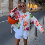 Summer Women's Retro Loose-Fitting Round-Neck Long-Sleeved Flower Print Drawstring Cotton