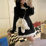 Black Lolita Mini Dress Women Casual Fur Party Kawaii Clothing Female Korean Fashion Bow Sweet One Piece Dress