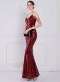 Vintage Strap Sleeveless Solid Sequined Mermaid Evening