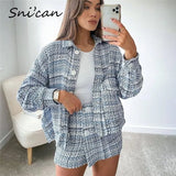 Blue Plaid Tweed Blazer Vintage Office Ladies Uniform Outfit Veste Chic Tops Za 2021 Women Abrigos Mujer Jacket Coat