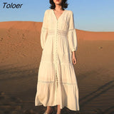 Lace Elegant Women's Dress Spring Hollow Button V Neck Lantern Sleeve White Long Dresses Boho Casual Holiday