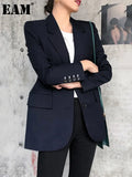 Women Dark Blue Brief Temperament Blazer New Lapel Long Sleeve Loose Fit Jacket Fashion Tide Spring Autumn 2023