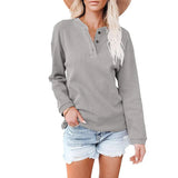 V Neck Solid Top T Shirt Women Button Long Sleeve Vintage Clothes Casual Loose Autumn Spring Tee Pullover