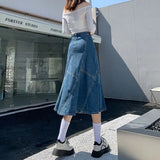 Women Denim Trumpet Skirt Streetwear Casual Irregular Patchwork A Line High Waist Ladies Mermaid Jean plaid Skirt