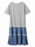 Casual Patchwork Folds Dress For Women Round Neck Short Sleeve Loose Waist Long Dresses Female 2023 Fashion Summer