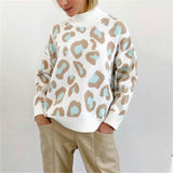Turtleneck Thick Sweater Women Print Leopard Pullover Women's Sweater Basic Tops Loose Jumper Vintage Sweaters