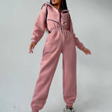 Women Basic Hoodie Jumpsuit Zipper Drawstring Overall High Waist Elasticity Streetwear Tracksuit Rompers Casual One Piece