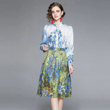 Spring Femme Boho Flower Print Dress Single-breasted Bow Neck Lantern Sleeve Midi Robe 2021 Runway Design Vestido