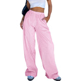 Women’s Summer Striped Print cleanfit Loose Long Pants Casual Elastic High Waist Lounge Street Trousers with Pockets-Outfit