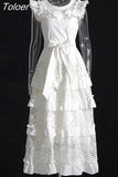 Hollow Out Lace Dress For Women Slash Neck Short Sleeve Off Shoulder High Waist Spliced Ruffles Long Dresses Female