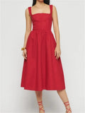 Elegant Women Square Neck Front Buttons Up Sling Dress for Women High Waist A-line Dress Summer Party Female Vestidos-Outfit
