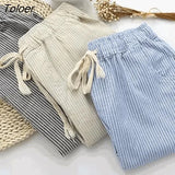 Cotton Linen Women Casual Pants 2018 Fashion Loose Long Pants Elastic Waist Straight Striped Trousers