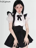 Skirt Suit Korean Two Piece Set for Women Ruffles White Puff Sleeve Shirt Tunic Bandgae Strap Skirts Outfits Y2k