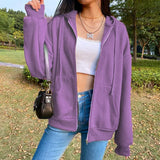 Purple Black Zip Hooded Sweatshirt Winter Jacket Top Oversized Hoodie Retro Pocket Woman Clothes Long Sleeve