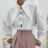 Korean Fashion Solid Shirt For Women Lapel Long Sleeve Patchwork Button Casual Blouses Female 2022 Spring