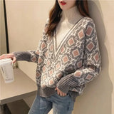 Winter Korean Female Geometric Jacquard Sweaters Vintage Fashion Patchwork Turtleneck Knitted Jumpers Women's