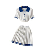 Hot Babes Hit The Color Polo Collar Short-Sleeved Shirt Top + High Waist Thin 100-Folded Skirt Two Sets Of