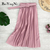 2020 Autumn Summer Women Skirt Midi With Belt Pleated Female Skirts Casual Luxury Korean Faldas Ladies Saias Chic
