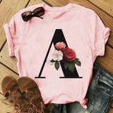 Letter Alphabet A-Z Women T-Shirts Fashion Breathable Flowers Short Sleeve Casual Tops Couple Basic Tee Crew Neck Clothes