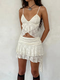Women's Y2K Vintage Floral Lace See-through Split Crop Camis Sleeveless Spaghetti Strap Wrap Hem Camisole Tank Tops-Outfit