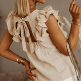 Hollow Out Design Bow Ruffle Women Blouse Plus Size 3XL Solid Pleated Butterfly Sleeve Ladies Blouses Summer