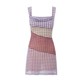 Sexy Ruched U Collar Contrast Color Plaid Print Mini Mesh Sling Dress Women Packages Hips A-lined Robe With Lining-Outfit