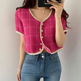 Summer New Elegant Retro Short Korean Plaid Tweed Cardigan Women Fashion Short Sleeved Thin Short Jacket Female Elegant