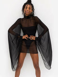 Women's Sexy Bikini Cover-Ups Summer See-through High Turtleneck Sundress Flare Long Sleeve Dress Beachwear Smocks-Outfit