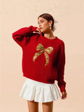 And Winter New Sweater Loose Beads Embroidered Bow Long-Sleeved Collar Collar Coat Women's