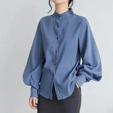 Vintage Chiffon Shirts Women Lantern Sleeve Black Blouses Korean Elegant Office Lady Solid Loose Casual Tops New-Outfit
