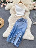 Women Two 2 Piece Set Sexy One Shoulder Crop Top+High Waist Button-up Denim Skirts Korean Office Lady Sleeveless