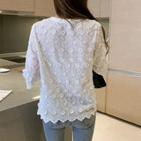 2021 Summer Stereoscopic Embroidered Blouse Woman Fashion Lady's Shirt White Pure Cotton Floral Short Sleeve Shirt