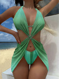2024 New Striped Gradient Love Mesh Dress Three-Piece Swimsuit Swimsuit