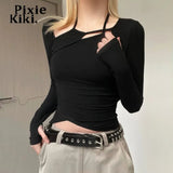 Asymmetric Cutout Crop Top Long Sleeve Tees Y2k Streetwear Black Clothes for Women Sexy T Shirts Spring 2023